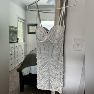 White beaded, rhinestone mini dress